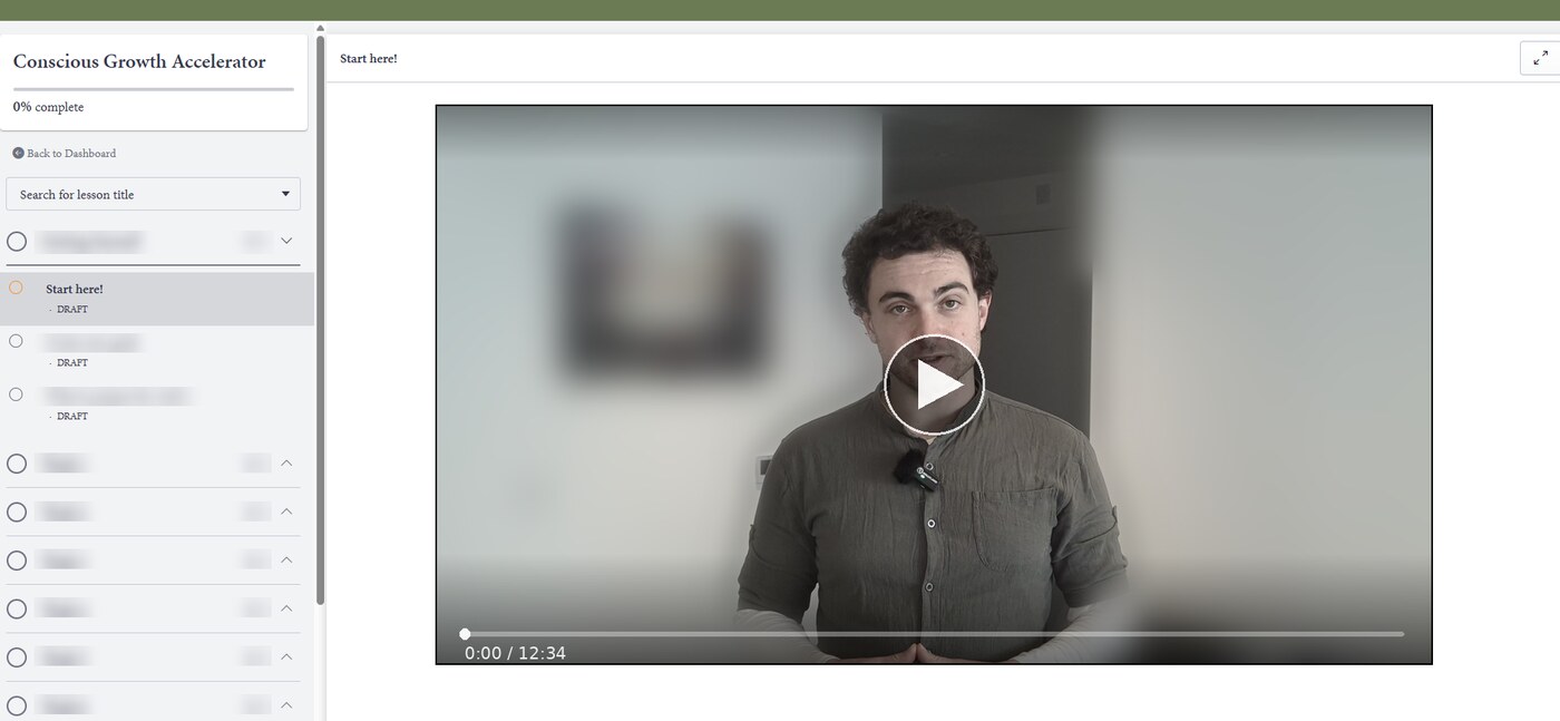 Inside the Conscious Growth Accelerator portal, showing the welcome video and the resource sidebar